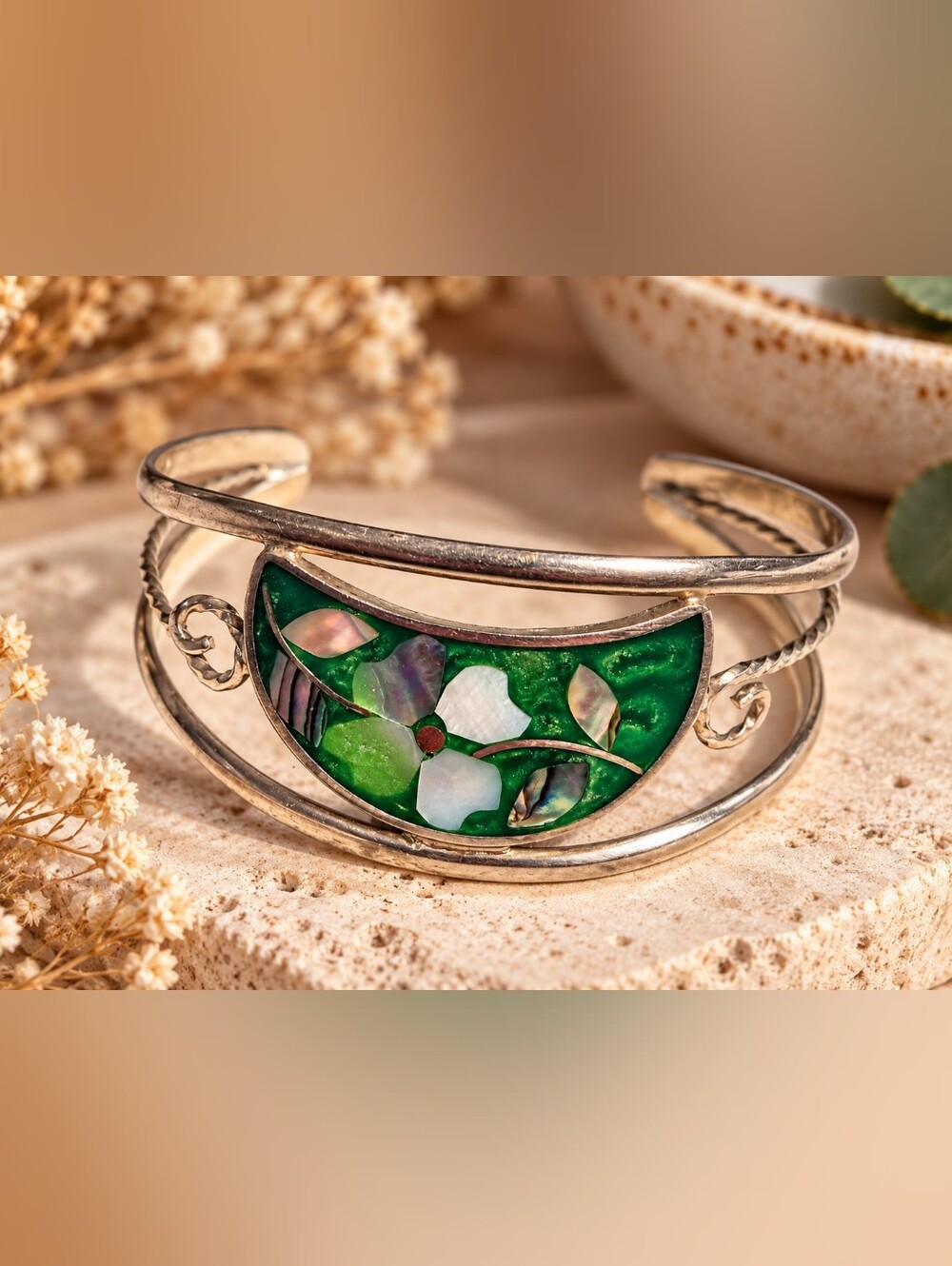 Vintage Mexican Alpaca Green Mosaic Inlay Cuff Bracelet – Boho Artisan
